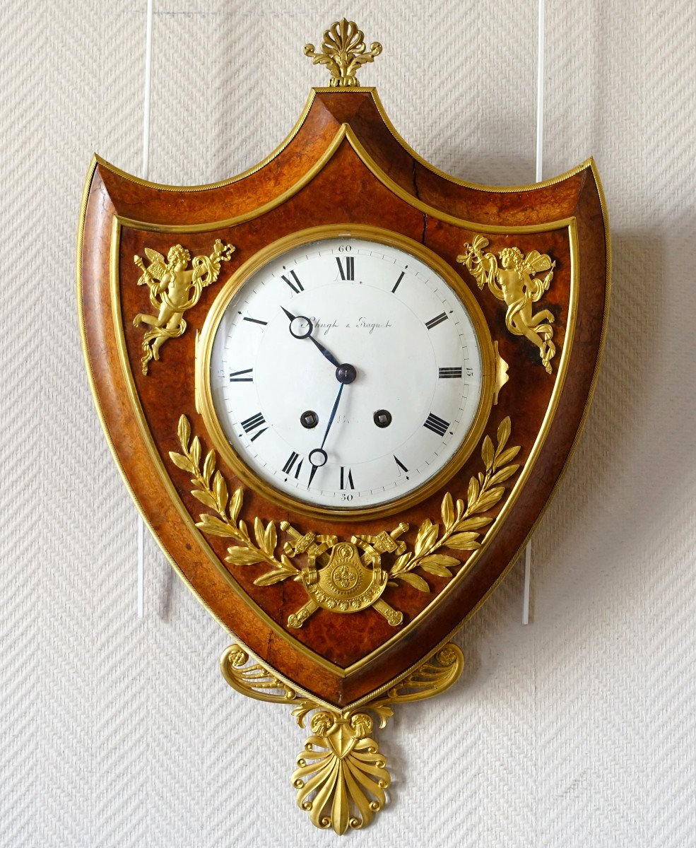 Empire Cartel Clock In Crest, Thuja Burl And Gilt Bronze, By Raguet Early 19th Century-photo-2