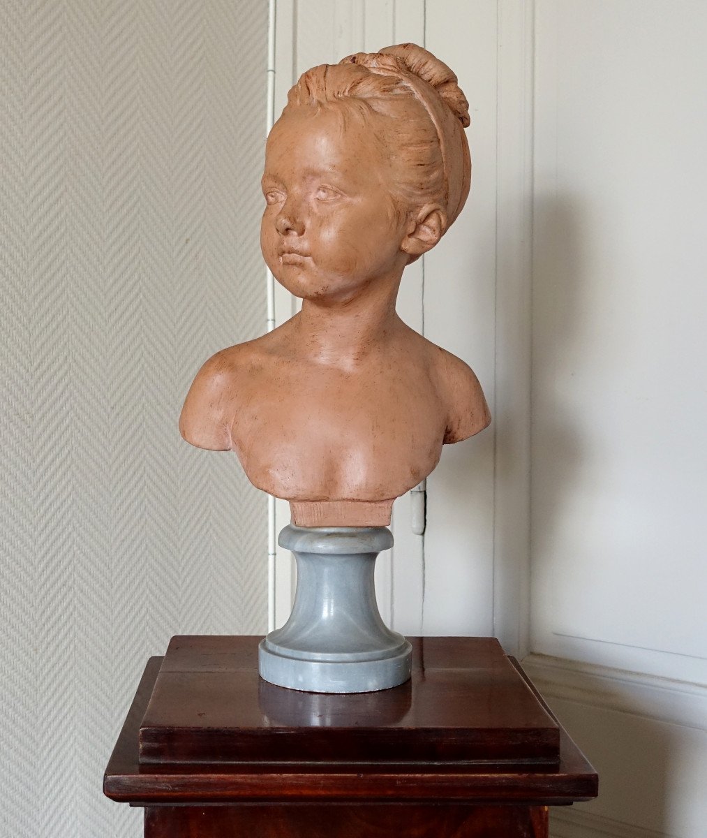   Buste De Louise Brongniart d'Après Houdon, Terre Cuite Et Marbre Turquin, Fin XIXe - 45cm-photo-2