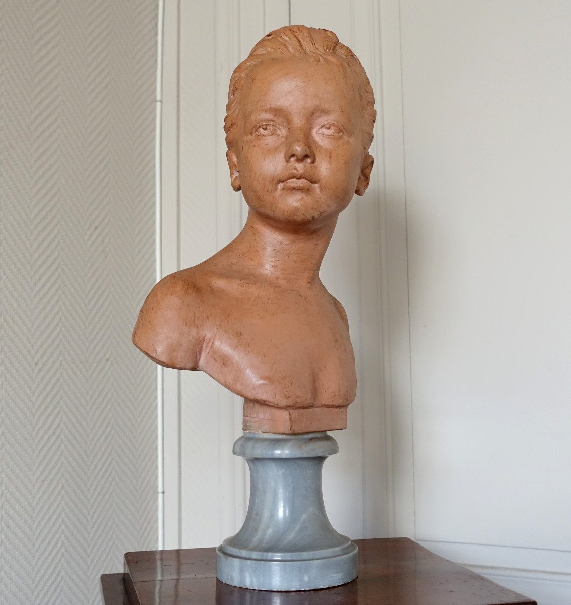   Buste De Louise Brongniart d'Après Houdon, Terre Cuite Et Marbre Turquin, Fin XIXe - 45cm-photo-3