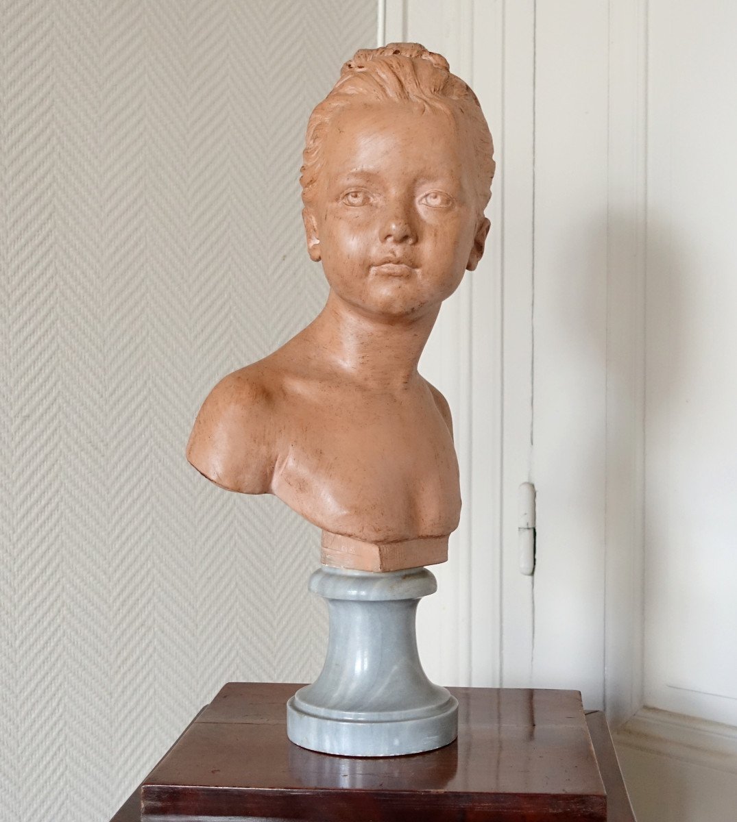   Buste De Louise Brongniart d'Après Houdon, Terre Cuite Et Marbre Turquin, Fin XIXe - 45cm-photo-4