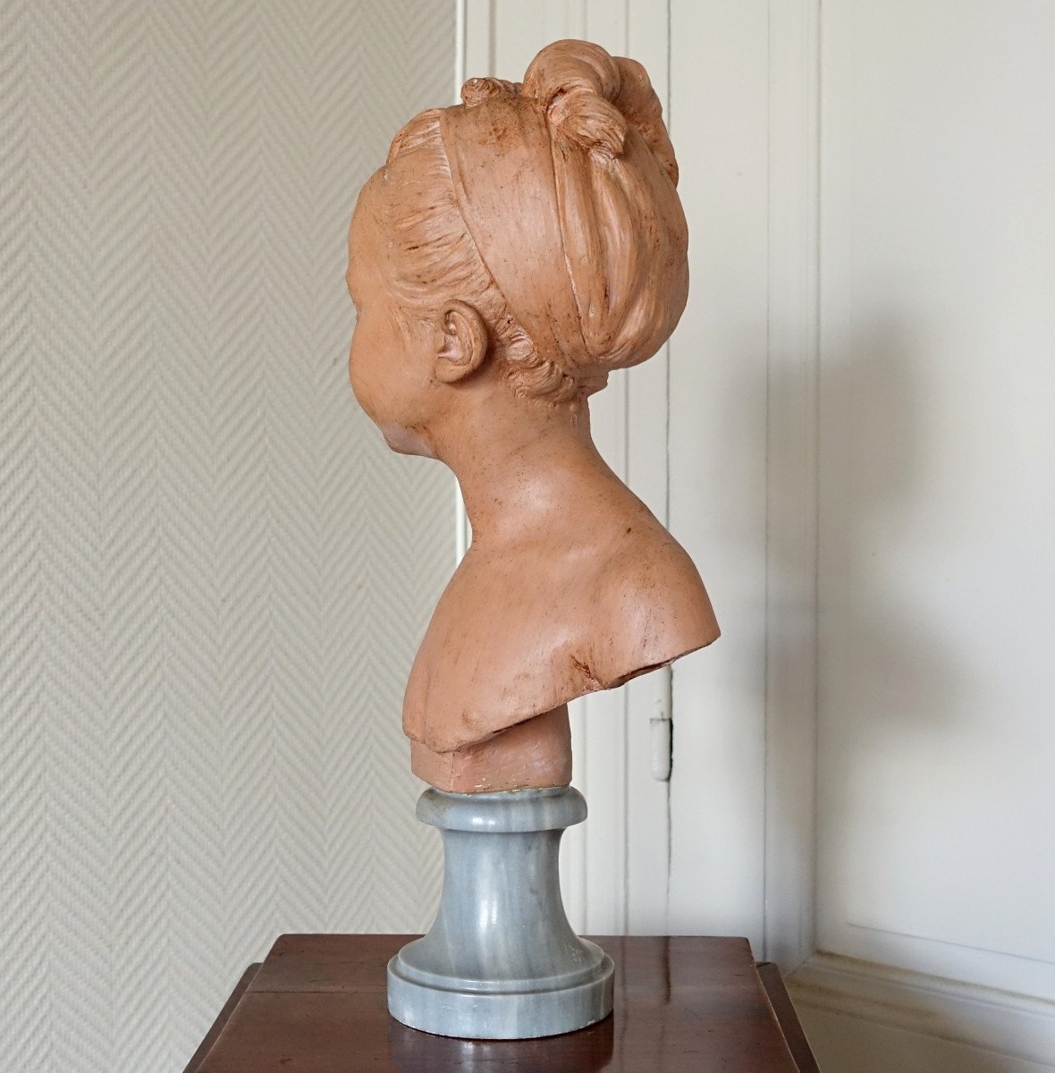   Buste De Louise Brongniart d'Après Houdon, Terre Cuite Et Marbre Turquin, Fin XIXe - 45cm-photo-2