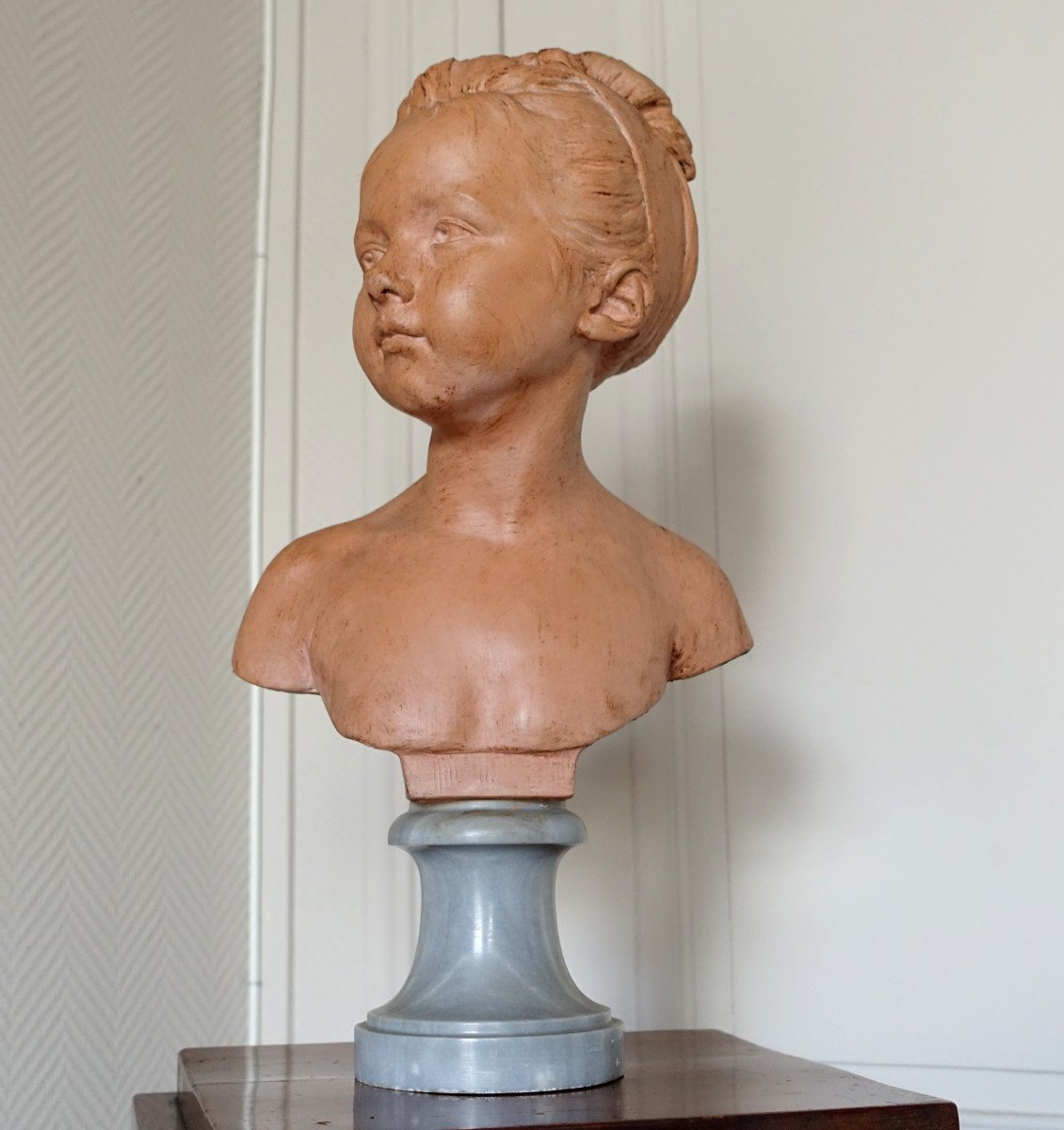   Buste De Louise Brongniart d'Après Houdon, Terre Cuite Et Marbre Turquin, Fin XIXe - 45cm