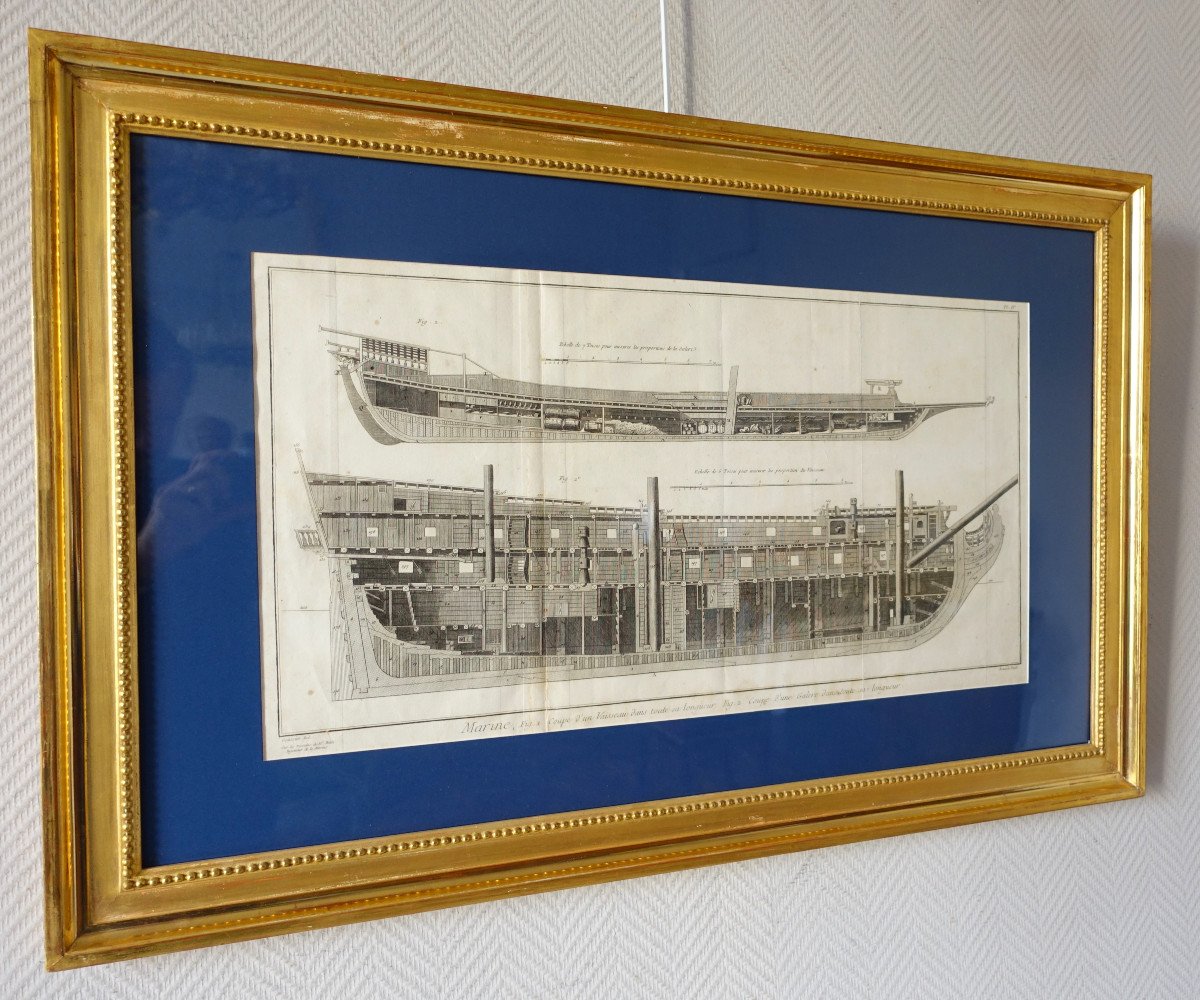Engraving Cut Of Royal Navy Vessels - Plate From The 18th Century Encyclopedia - Golden Wood Frame-photo-3