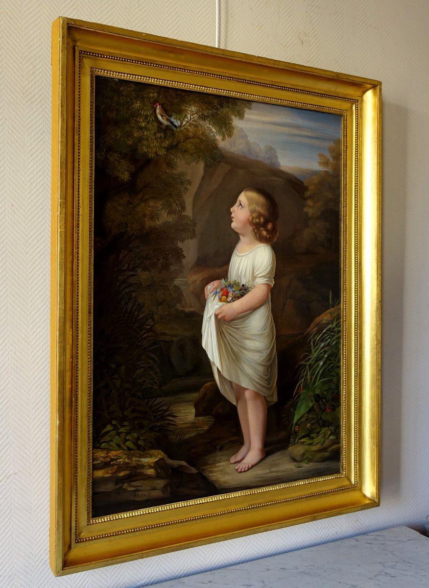 French School, Large Portrait Of A Little Girl From The Charles X Period, Allegory Of Innocence-photo-2