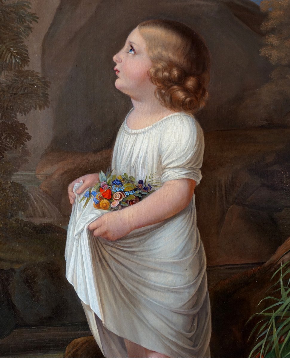 French School, Large Portrait Of A Little Girl From The Charles X Period, Allegory Of Innocence-photo-3