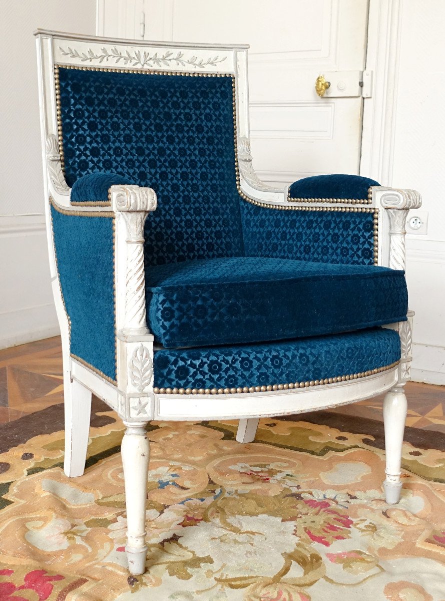 Bergère Office Armchair From The Directoire Period Lacquered Wood & Frappé Velvet Lelièvre - Bonvallet-photo-2