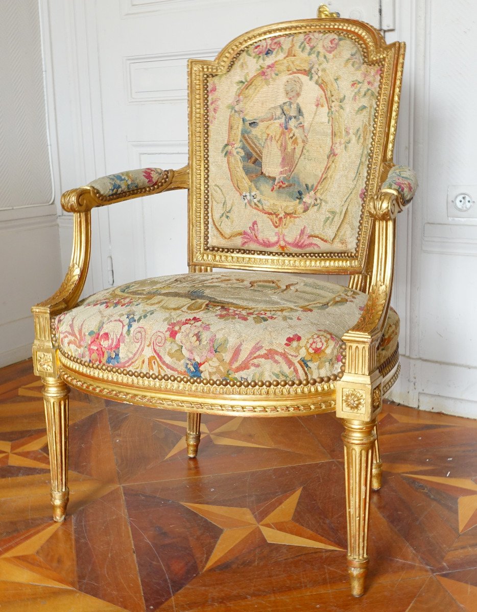 Pair Of Cabriolet Armchairs In Golden Wood And Tapestry, Louis XVI Period - Boulard Model-photo-2