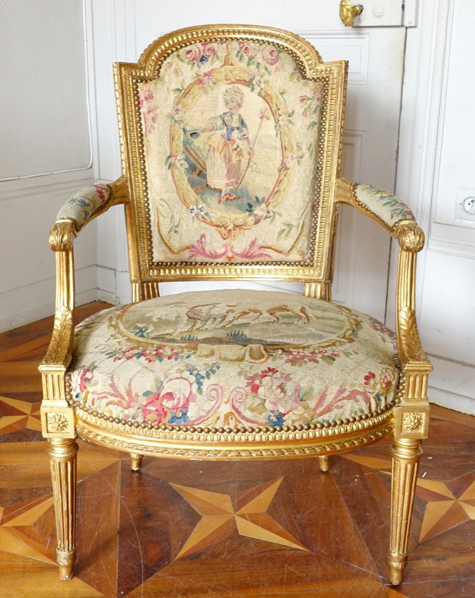 Pair Of Cabriolet Armchairs In Golden Wood And Tapestry, Louis XVI Period - Boulard Model-photo-3