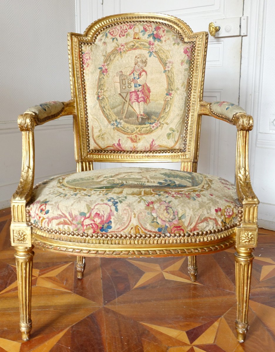 Pair Of Cabriolet Armchairs In Golden Wood And Tapestry, Louis XVI Period - Boulard Model-photo-4