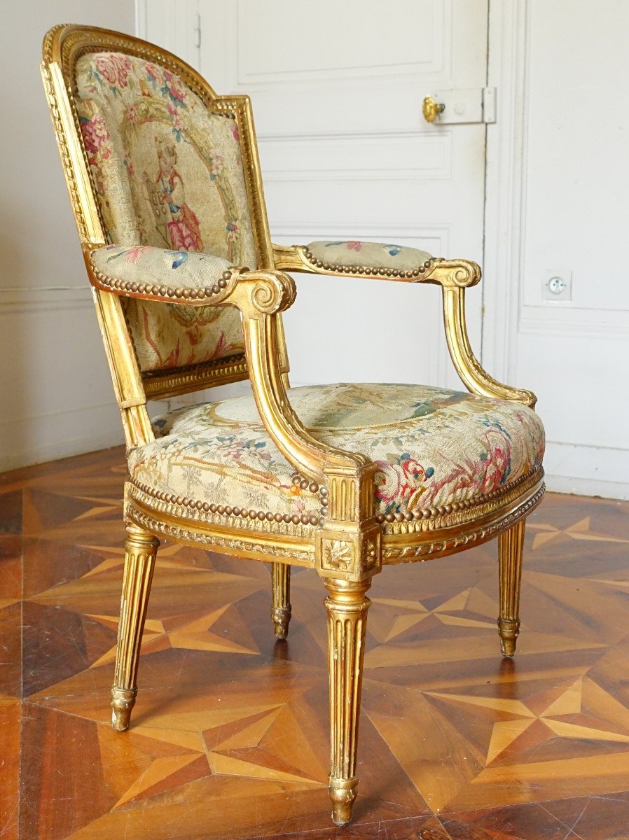 Pair Of Cabriolet Armchairs In Golden Wood And Tapestry, Louis XVI Period - Boulard Model-photo-1
