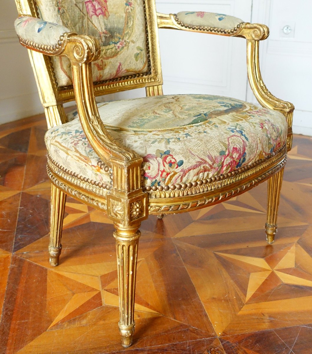 Pair Of Cabriolet Armchairs In Golden Wood And Tapestry, Louis XVI Period - Boulard Model-photo-3