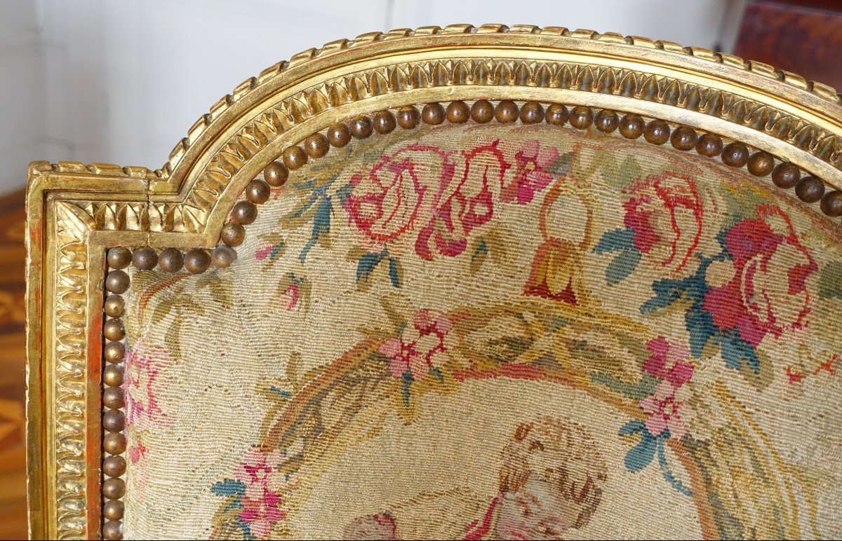 Pair Of Cabriolet Armchairs In Golden Wood And Tapestry, Louis XVI Period - Boulard Model-photo-4