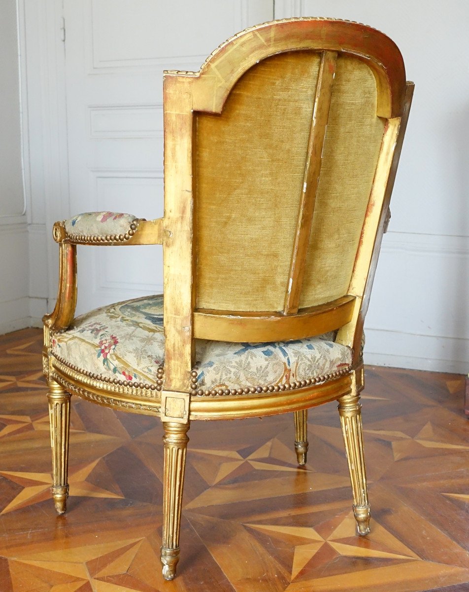 Pair Of Cabriolet Armchairs In Golden Wood And Tapestry, Louis XVI Period - Boulard Model-photo-5
