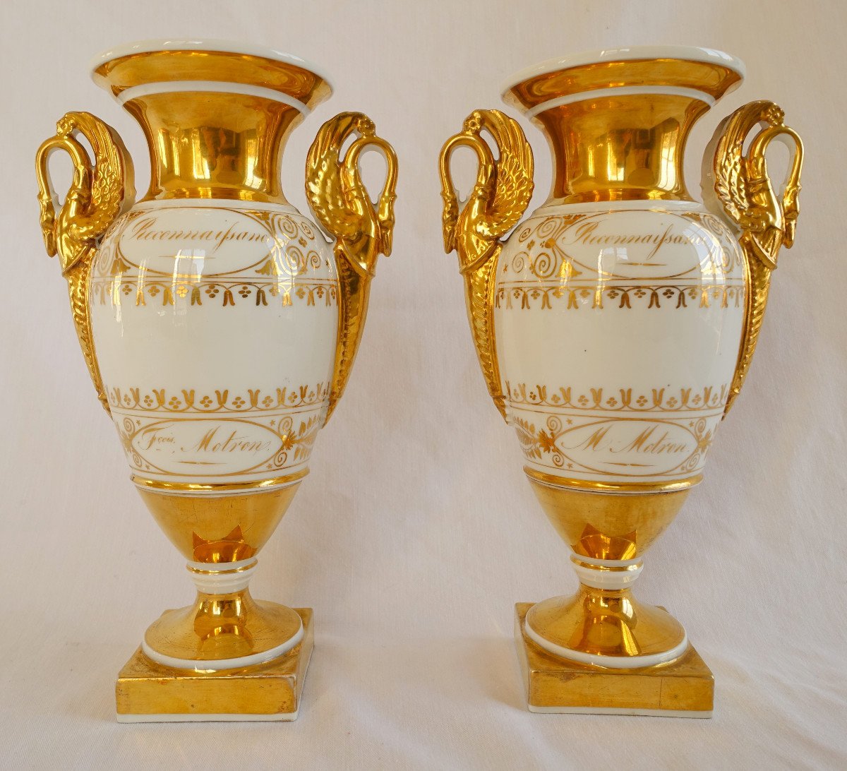 Pair Of Empire Paris Porcelain Vases Enhanced With Fine Gold, Early 19th Century