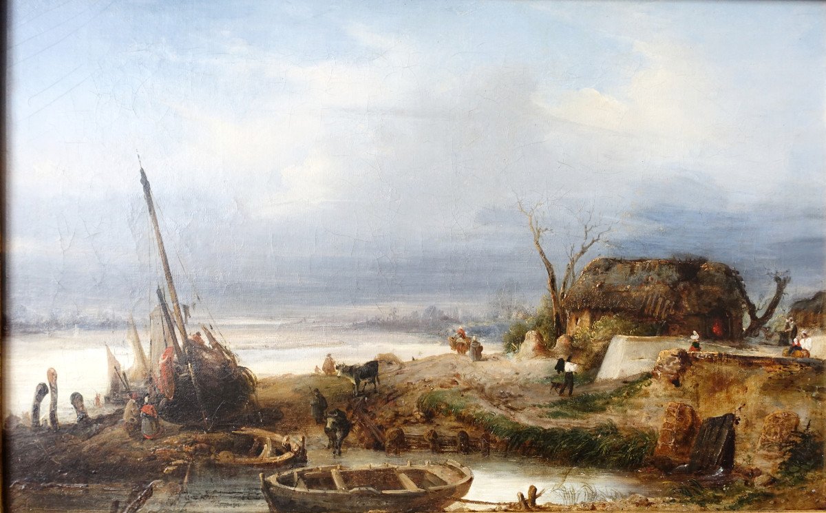 Charles Goureau - Marine, The Return From Fishing In Brittany - 19th Century, Hst 68x44cm -photo-2