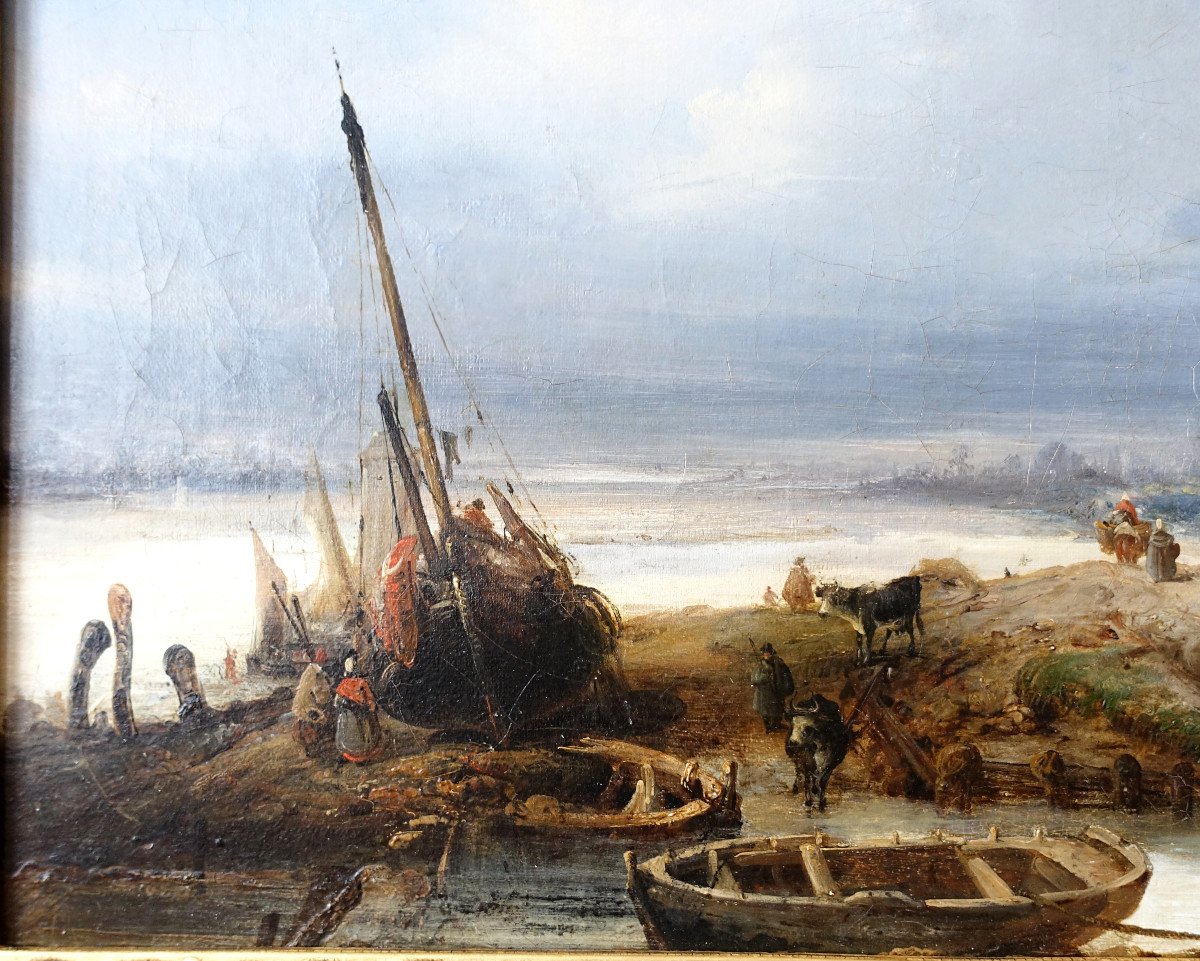 Charles Goureau - Marine, The Return From Fishing In Brittany - 19th Century, Hst 68x44cm -photo-3