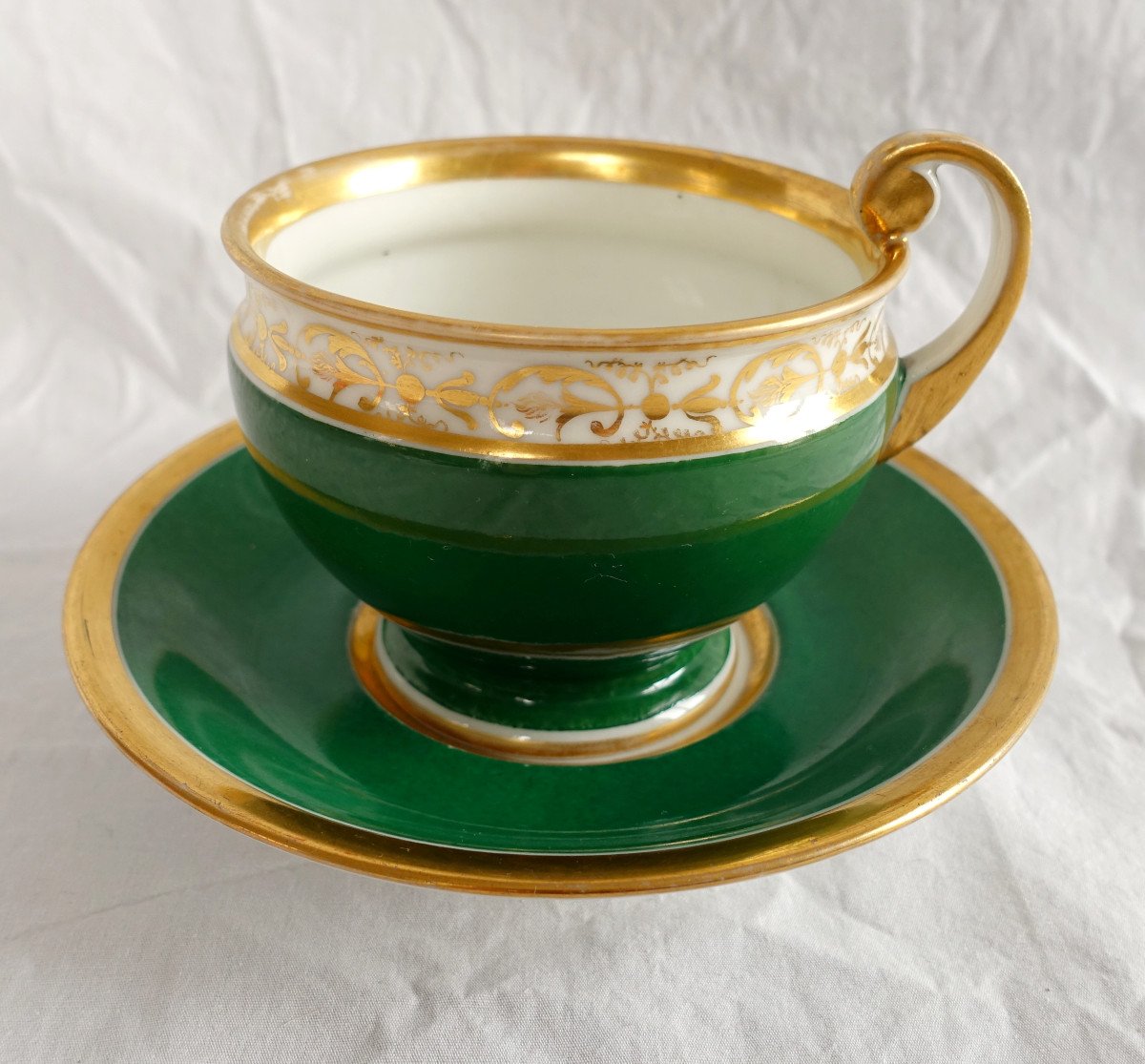 Large Chocolate Cup In Green And Gold Paris Porcelain, Empire Period, Attributed To Nast-photo-3