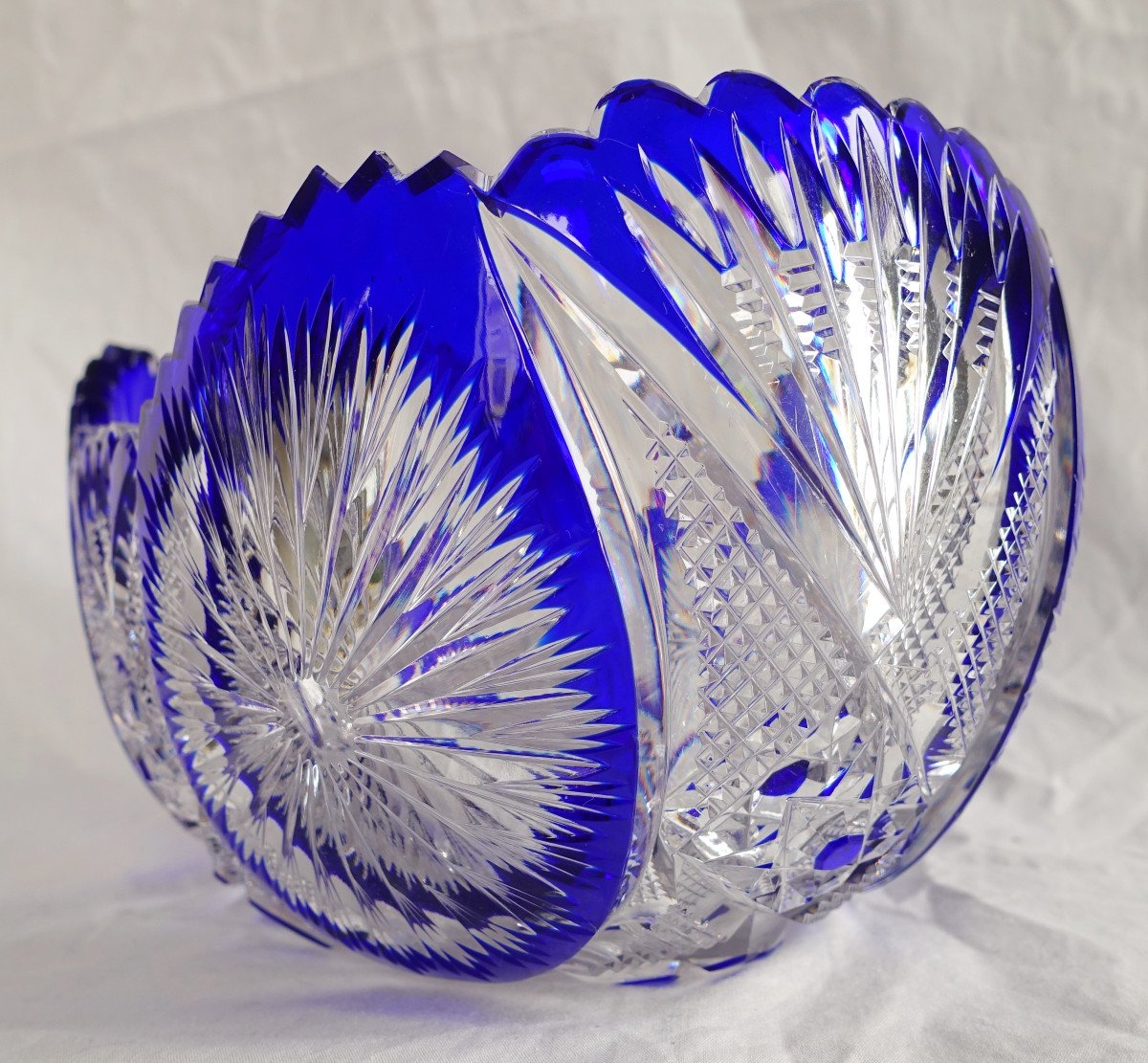 Baccarat Crystal Jardiniere / Table Centerpiece, Blue Overlay Crystal-photo-2