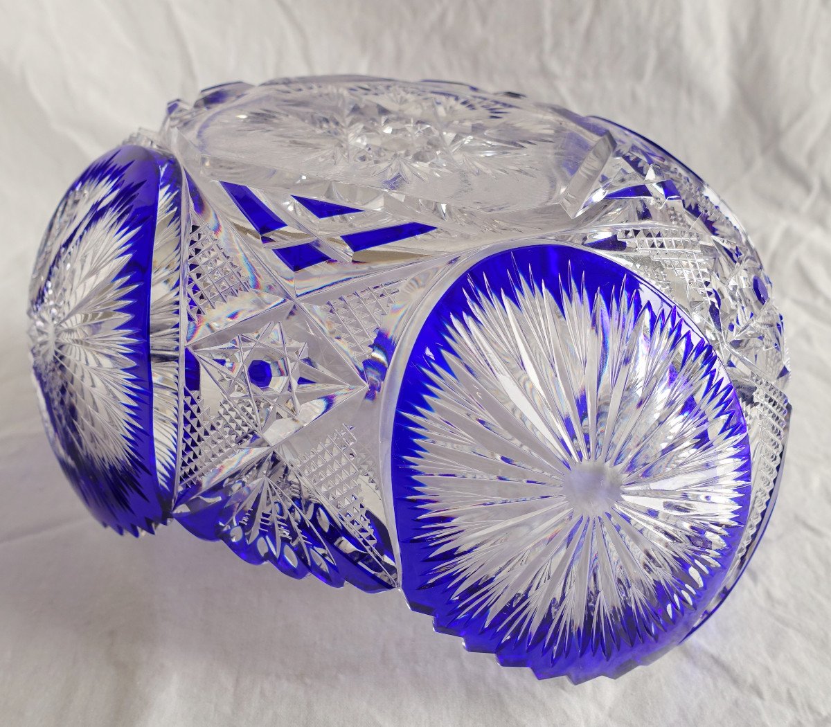 Baccarat Crystal Jardiniere / Table Centerpiece, Blue Overlay Crystal-photo-4
