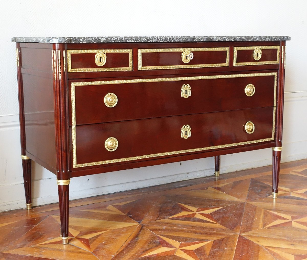 Large Mahogany And Gilt Bronze Commode, Louis XVI Directory Period Attributed To Etienne Avril-photo-2