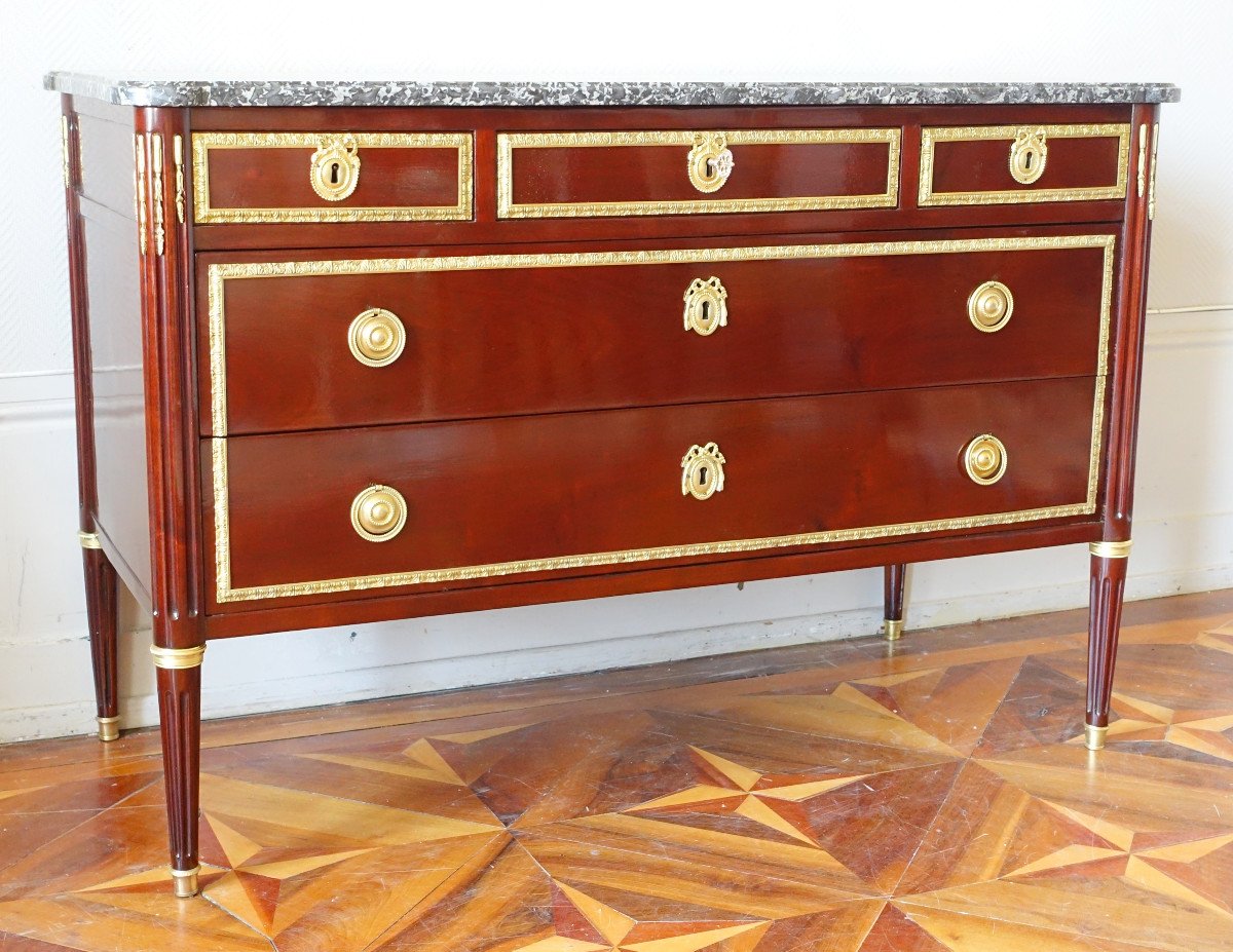 Large Mahogany And Gilt Bronze Commode, Louis XVI Directory Period Attributed To Etienne Avril-photo-3