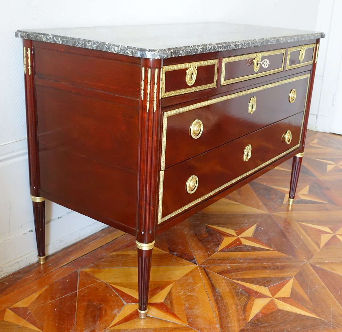 Large Mahogany And Gilt Bronze Commode, Louis XVI Directory Period Attributed To Etienne Avril-photo-3