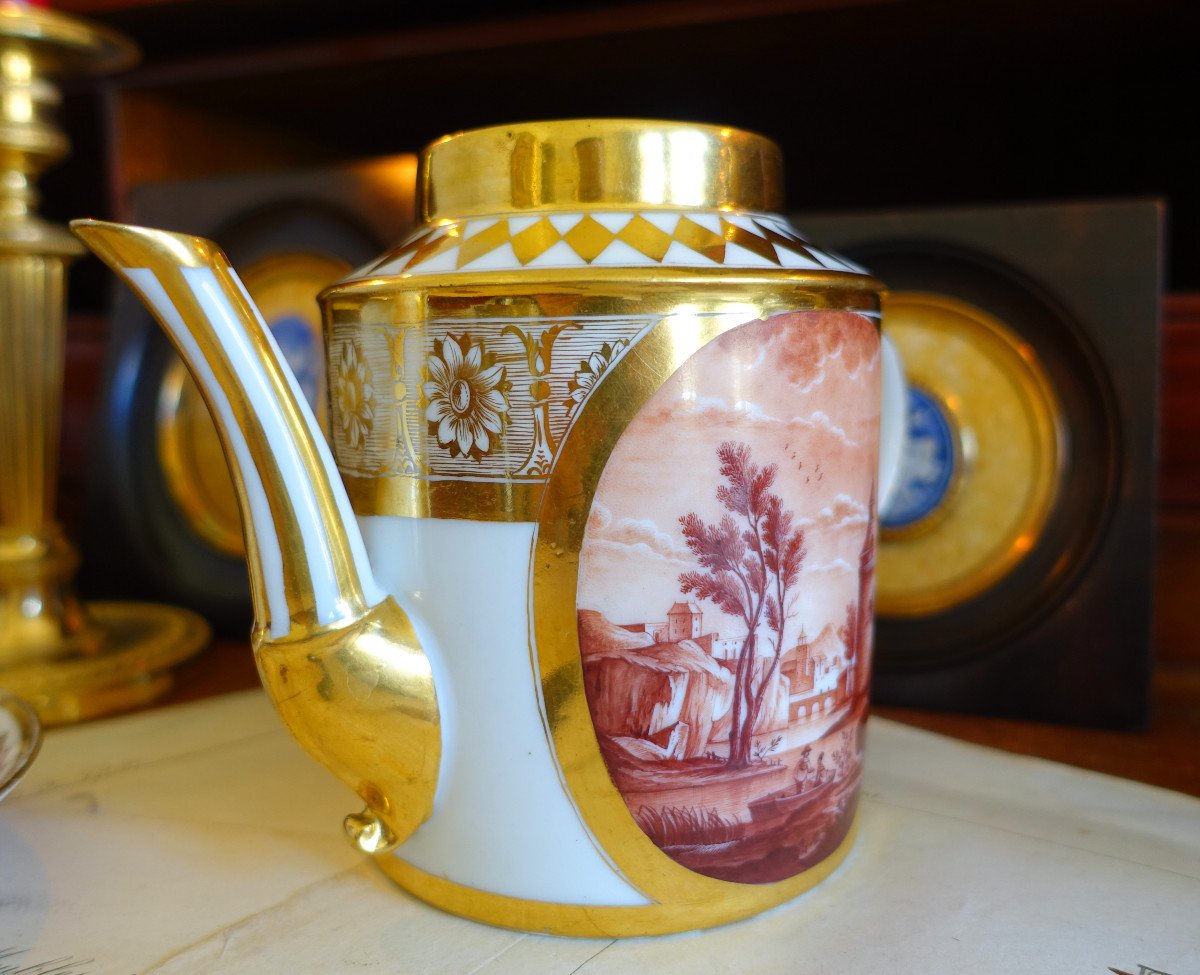 Schoelcher Manufacture - Directoire Empire Period Porcelain Teapot - Camaieu Landscapes-photo-2