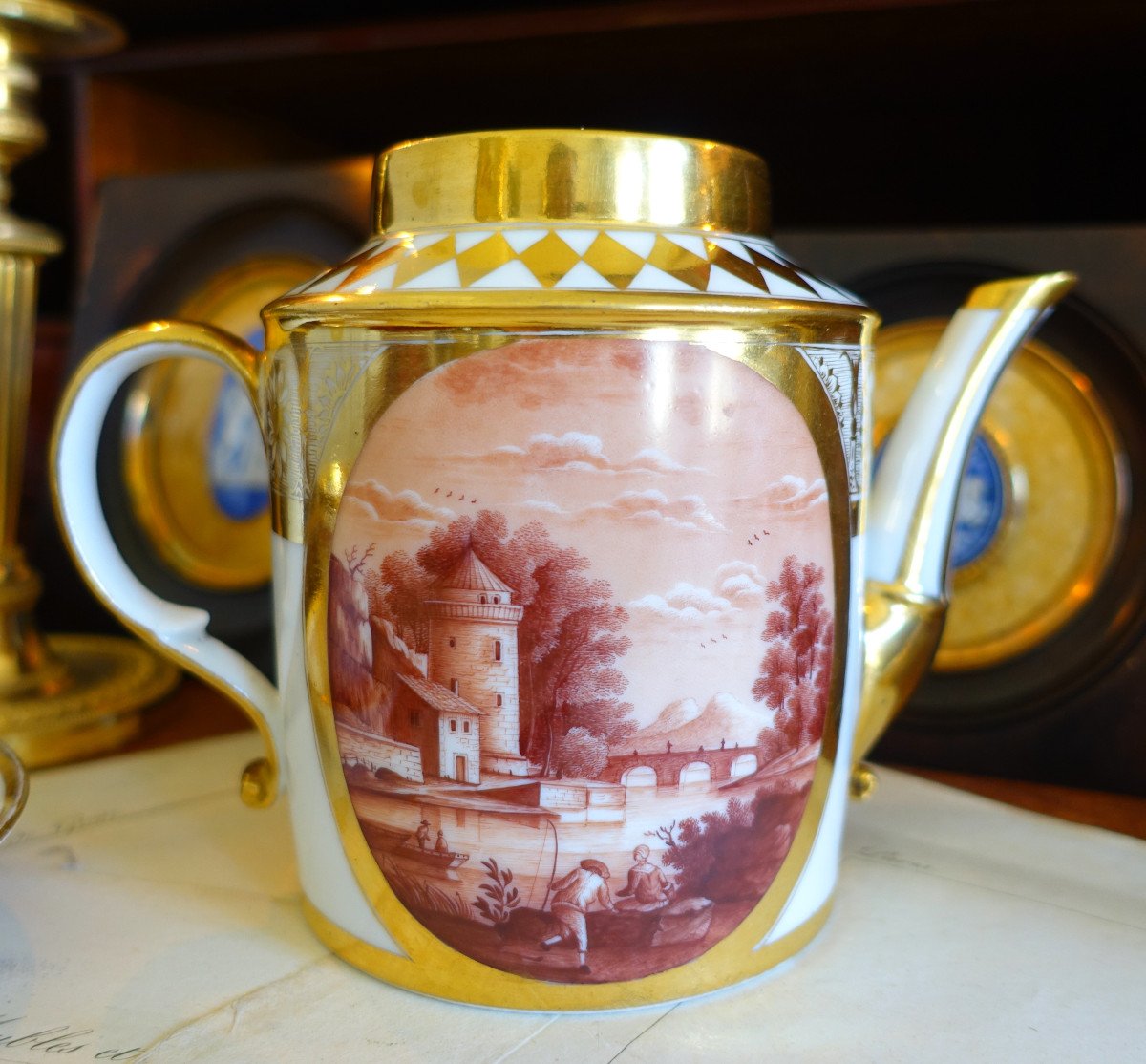 Schoelcher Manufacture - Directoire Empire Period Porcelain Teapot - Camaieu Landscapes-photo-3
