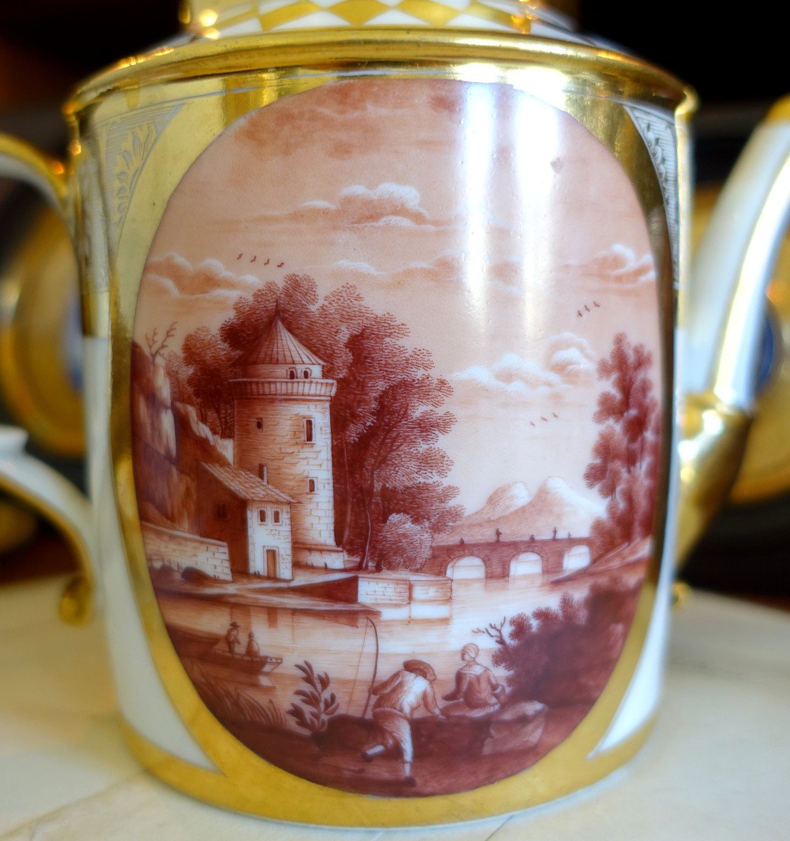 Schoelcher Manufacture - Directoire Empire Period Porcelain Teapot - Camaieu Landscapes-photo-4