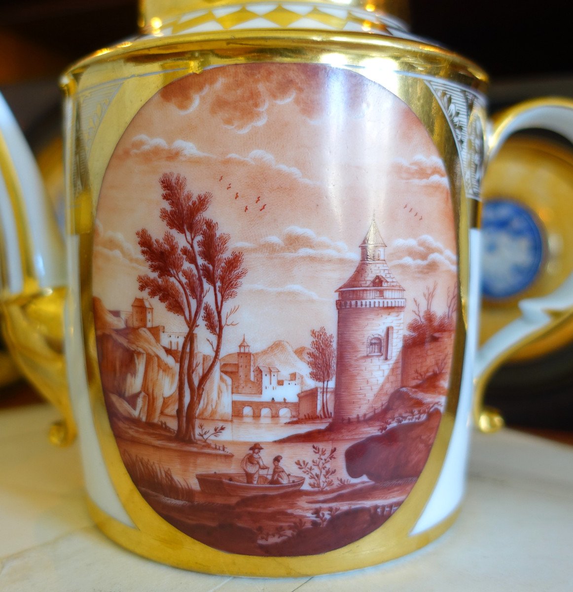 Schoelcher Manufacture - Directoire Empire Period Porcelain Teapot - Camaieu Landscapes-photo-1