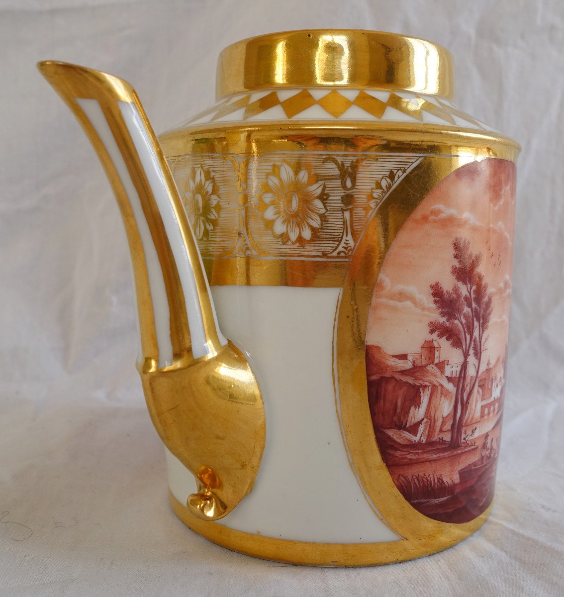 Schoelcher Manufacture - Directoire Empire Period Porcelain Teapot - Camaieu Landscapes-photo-2