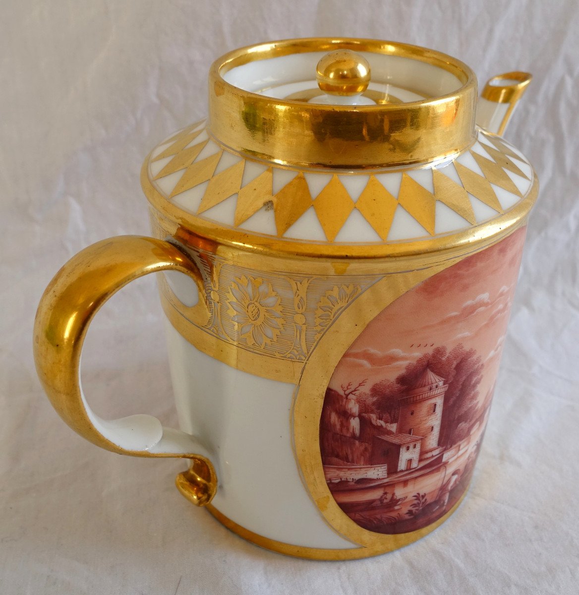 Schoelcher Manufacture - Directoire Empire Period Porcelain Teapot - Camaieu Landscapes-photo-3