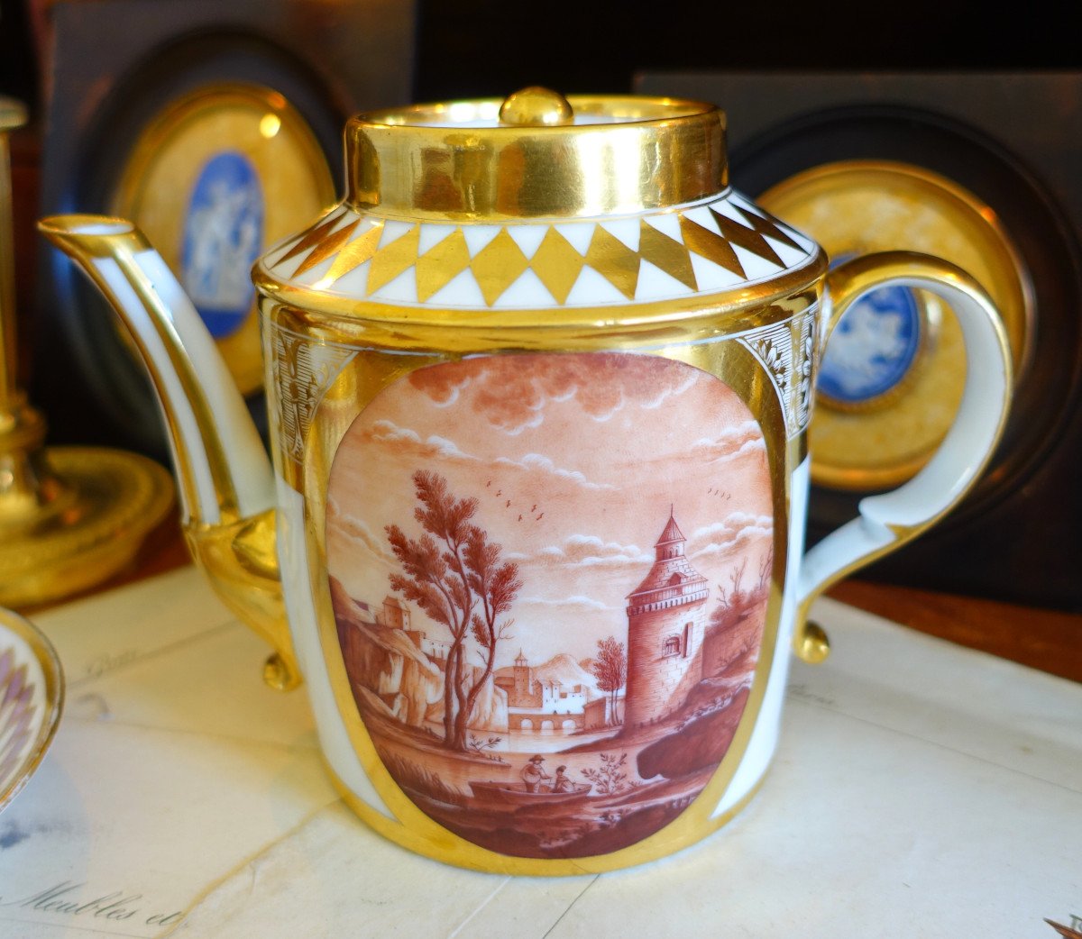 Schoelcher Manufacture - Directoire Empire Period Porcelain Teapot - Camaieu Landscapes
