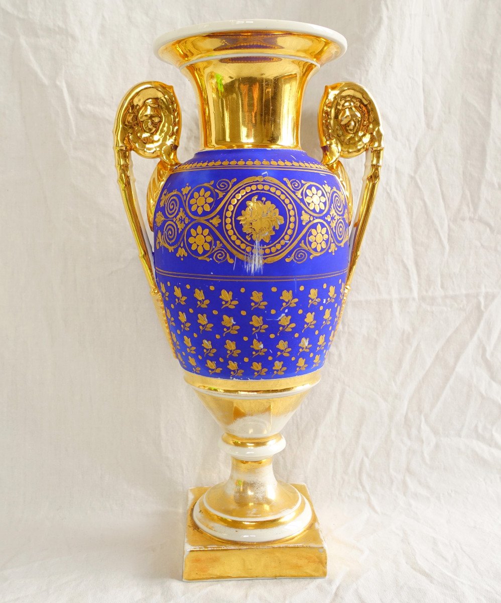 Grand Vase à l'Antique En Porcelaine De Paris Bleu Et Or, époque Empire Restauration-photo-4