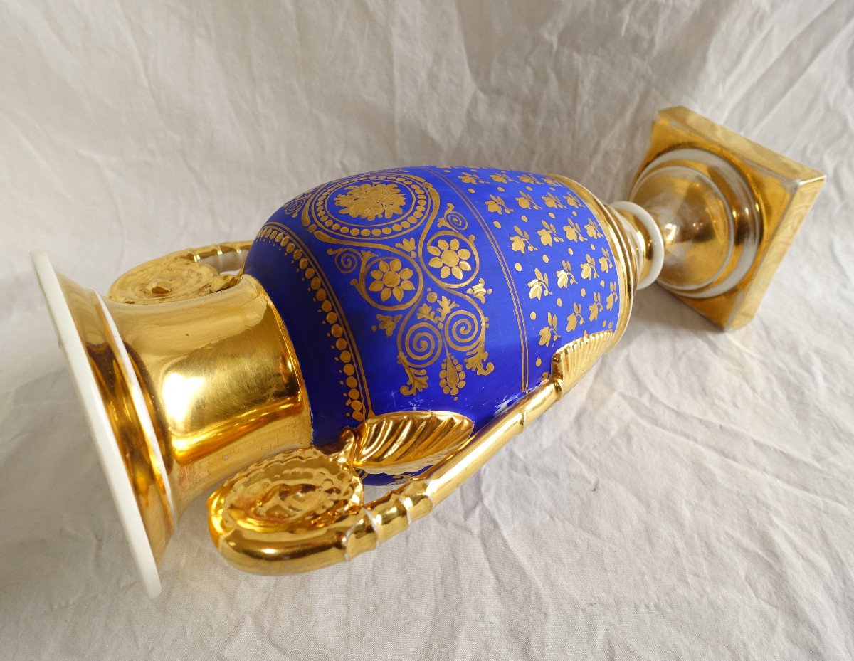 Grand Vase à l'Antique En Porcelaine De Paris Bleu Et Or, époque Empire Restauration-photo-4