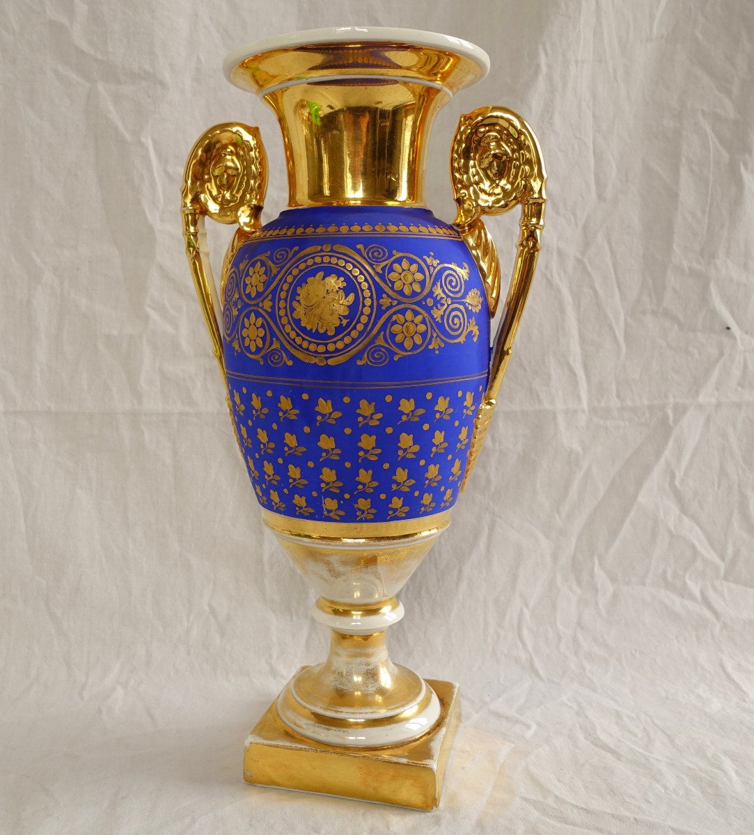 Grand Vase à l'Antique En Porcelaine De Paris Bleu Et Or, époque Empire Restauration-photo-6