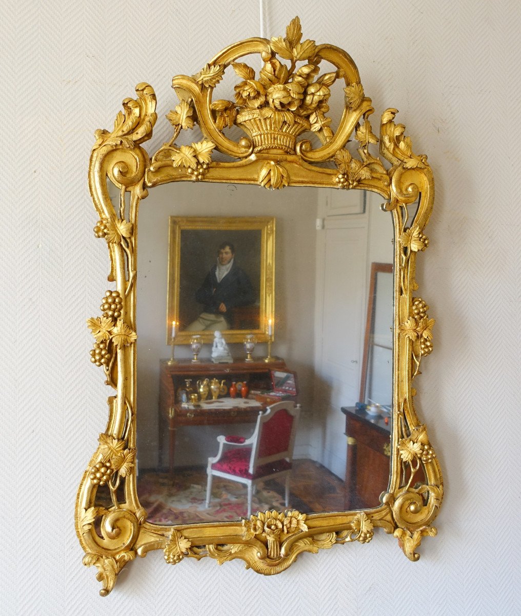 Grand Miroir Provencal d'époque Louis XV En Bois Doré Richement Sculpté, Glace Au Mercure-photo-2