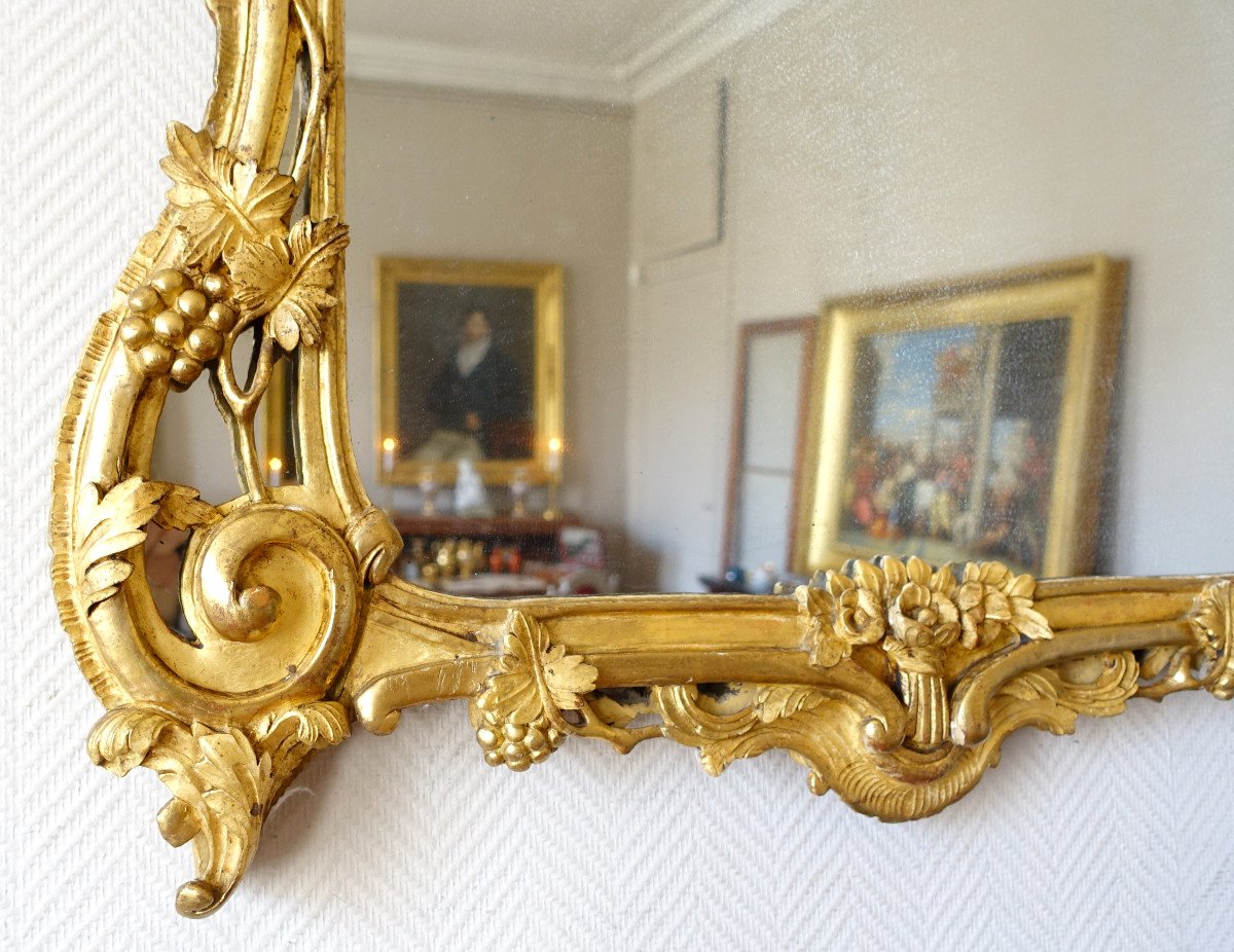 Grand Miroir Provencal d'époque Louis XV En Bois Doré Richement Sculpté, Glace Au Mercure-photo-4
