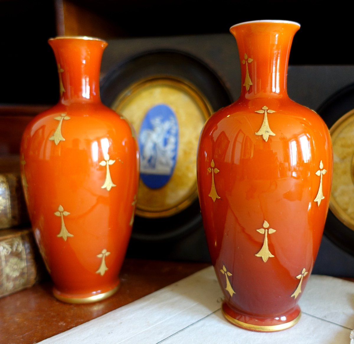 Baccarat - Pair Of Orange And Gold Opaline Vases - 1900 Period-photo-3