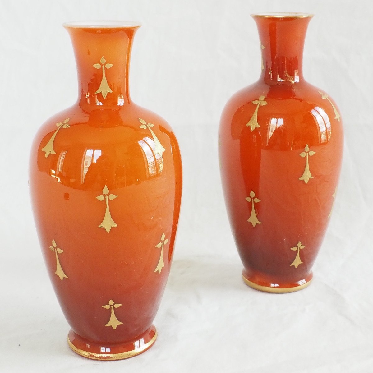 Baccarat - Pair Of Orange And Gold Opaline Vases - 1900 Period-photo-1