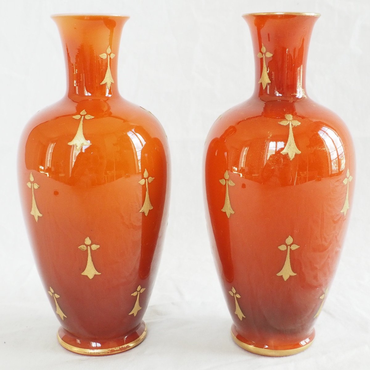 Baccarat - Pair Of Orange And Gold Opaline Vases - 1900 Period-photo-2