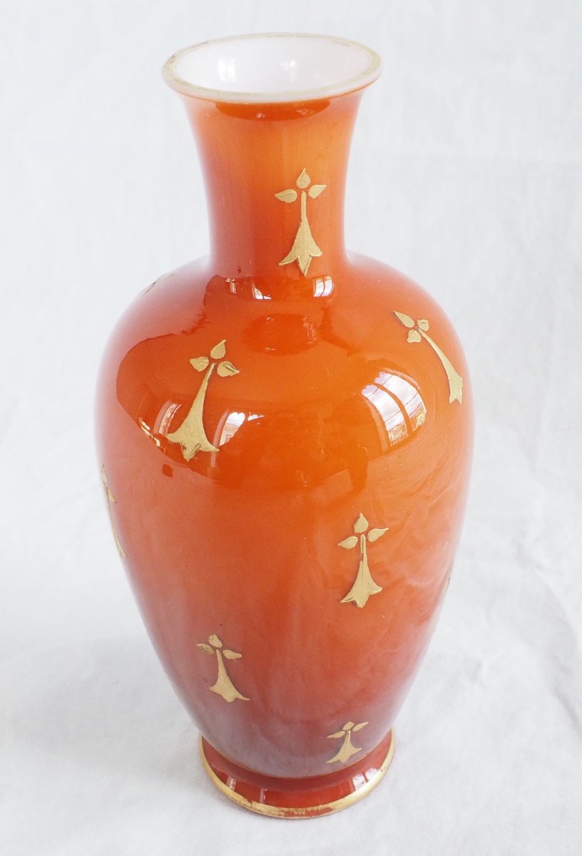 Baccarat - Pair Of Orange And Gold Opaline Vases - 1900 Period-photo-4
