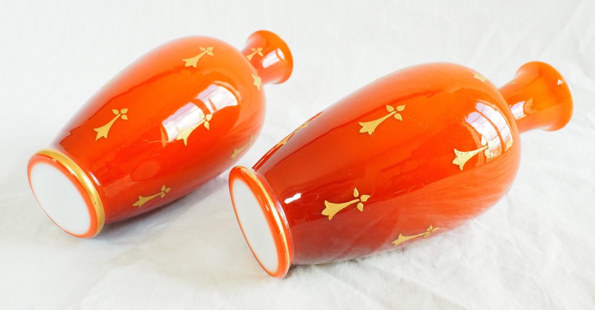 Baccarat - Pair Of Orange And Gold Opaline Vases - 1900 Period-photo-6