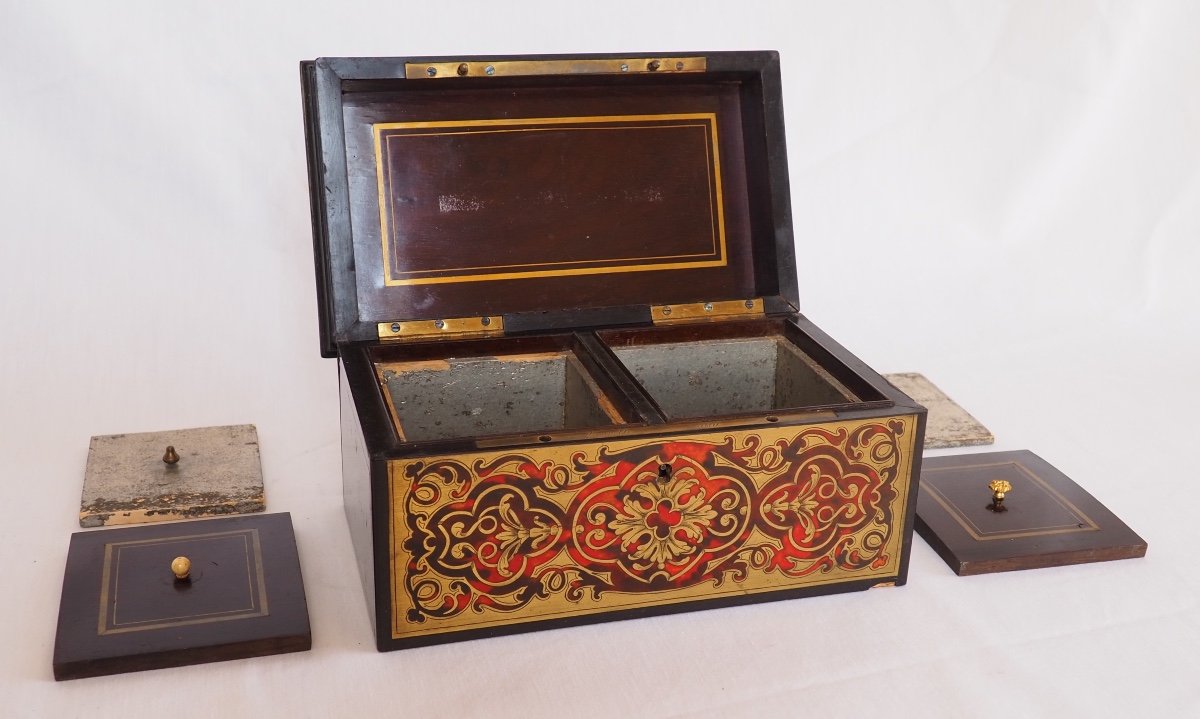 Vervelle Aîné : Boîte à Thé En Marqueterie Boulle, époque XIXe Siècle Vers 1840 - 1850-photo-1