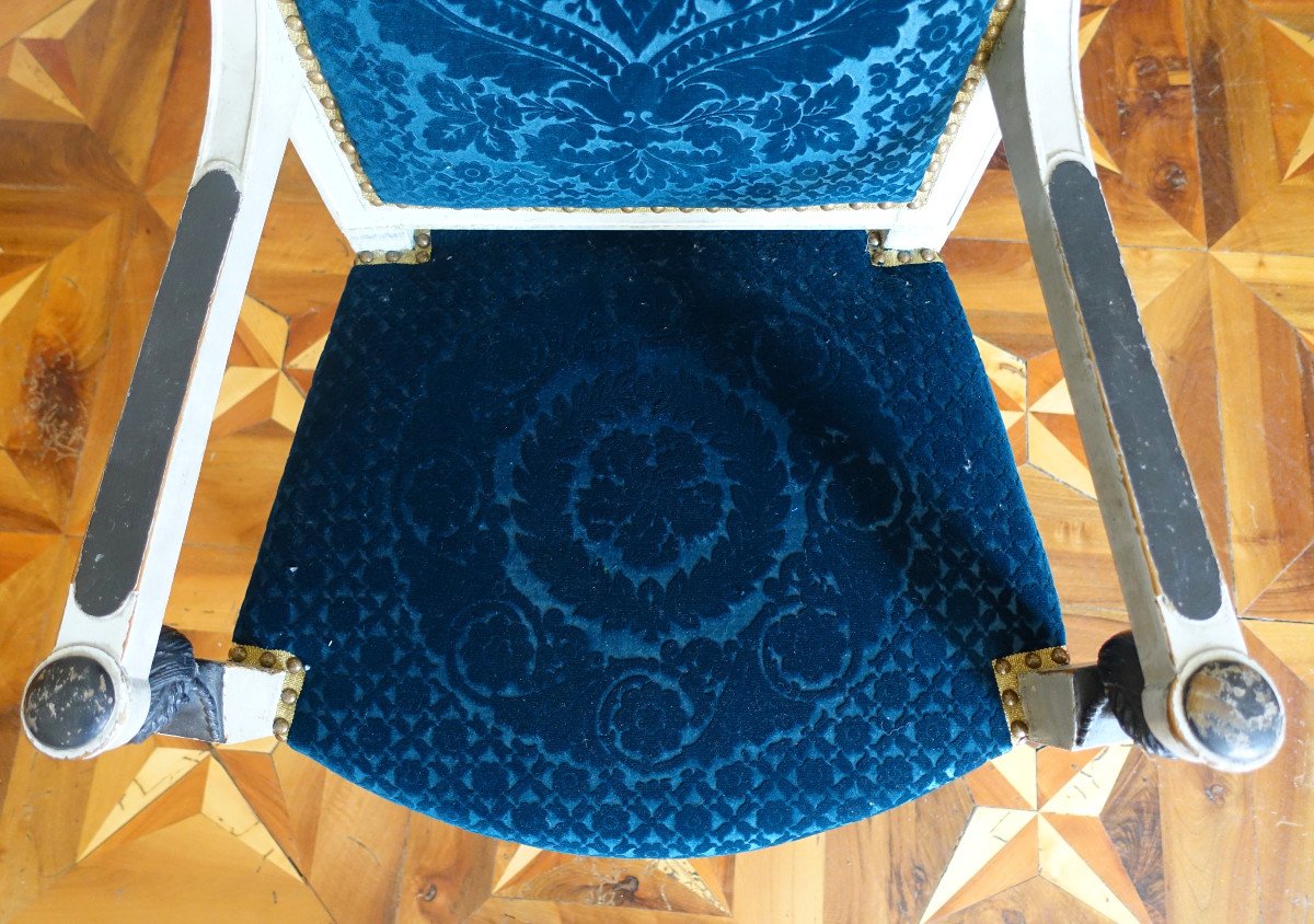 Pair Of Consulate Period Armchairs In Lacquered Wood, Lelièvre-bonvallet Frappé Velvet, Ca 1800 -photo-2