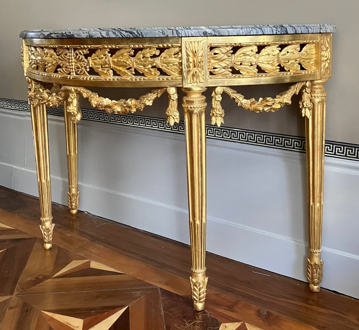 Console Demi-lune Louis XVI à 4 Pieds En Bois Sculpté & Doré à La Feuille d'Or Vers 1780-photo-2