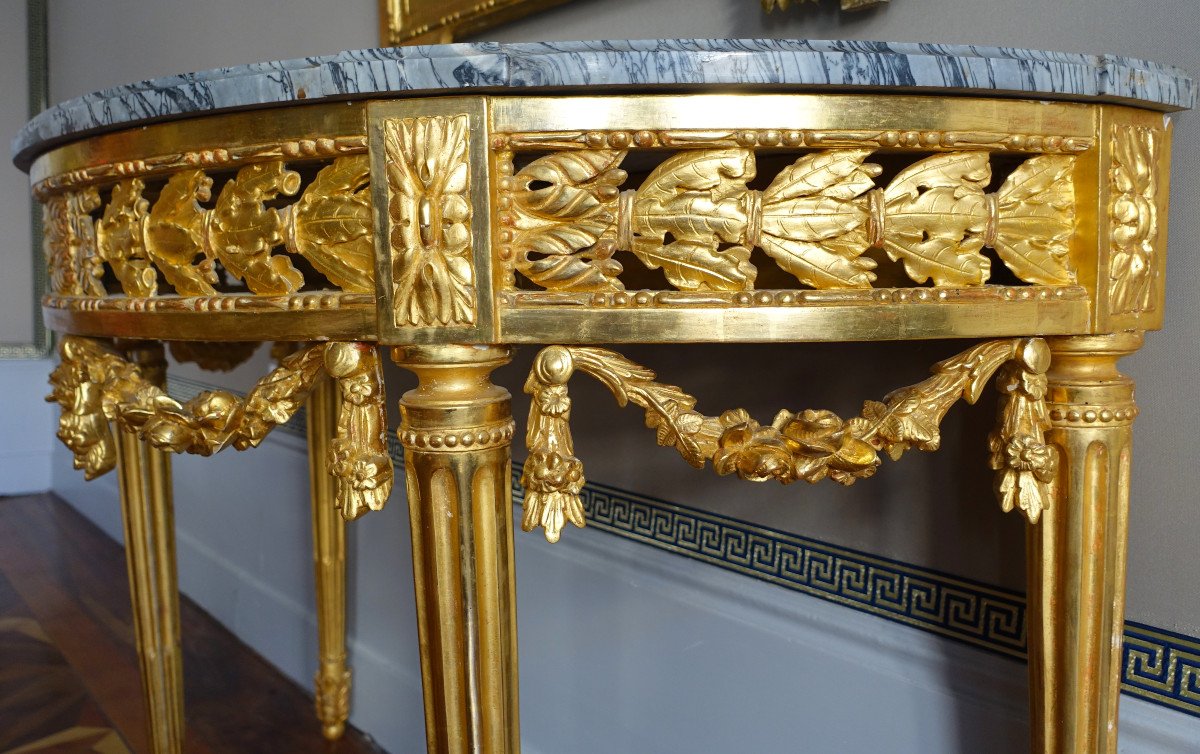 Console Demi-lune Louis XVI à 4 Pieds En Bois Sculpté & Doré à La Feuille d'Or Vers 1780-photo-3