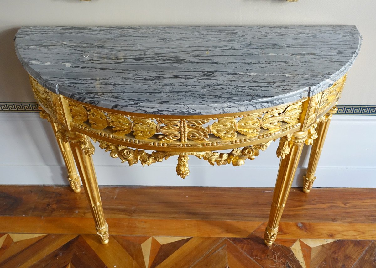 Console Demi-lune Louis XVI à 4 Pieds En Bois Sculpté & Doré à La Feuille d'Or Vers 1780-photo-1