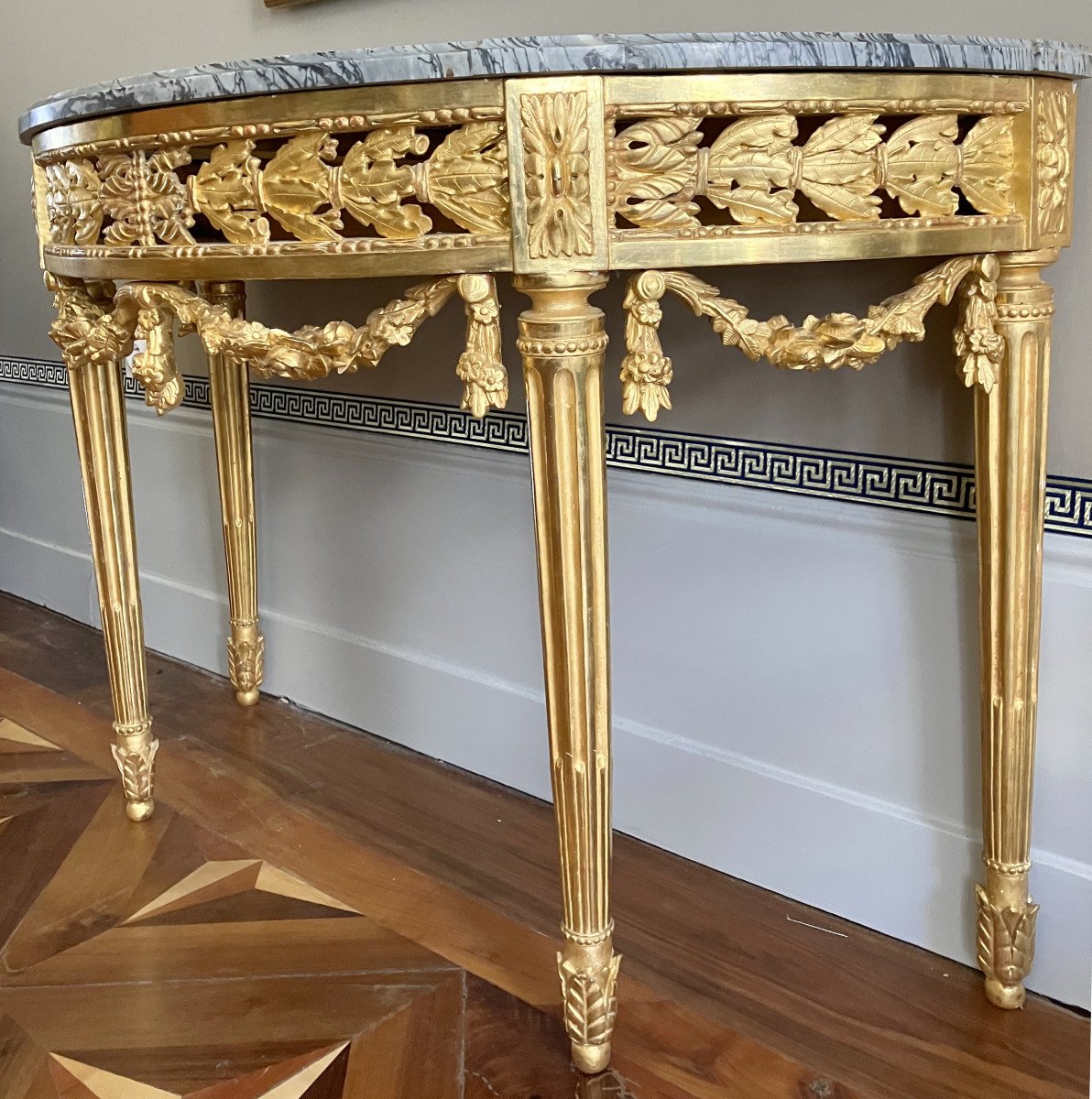 Console Demi-lune Louis XVI à 4 Pieds En Bois Sculpté & Doré à La Feuille d'Or Vers 1780-photo-3