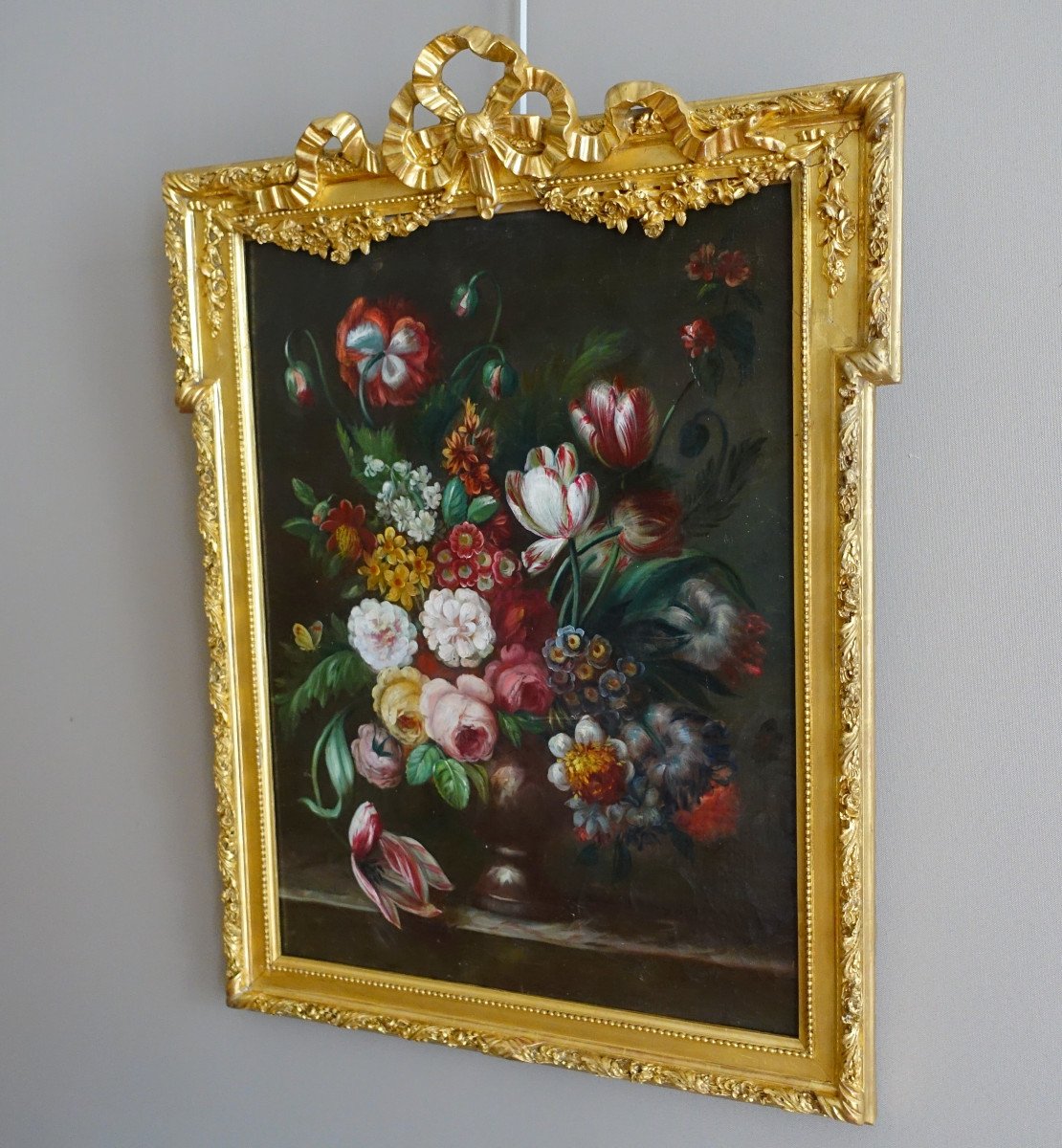 Ecole Française Du XIXe Siècle, Grande Nature Morte Aux Fleurs, Cadre Louis XVI 61cm X 82cm-photo-2